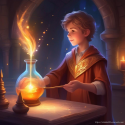 12-year-old wizard, making a potion, wand